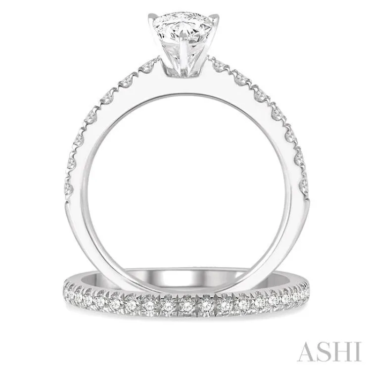 1 5/8 Ctw Diamond Wedding Set With  5/8 ct Pear Cut Engagement Ring and 1/2 ct Wedding Band in 14K White Gold