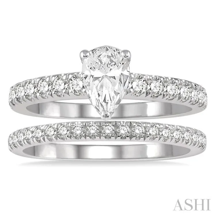 1 5/8 Ctw Diamond Wedding Set With  5/8 ct Pear Cut Engagement Ring and 1/2 ct Wedding Band in 14K White Gold