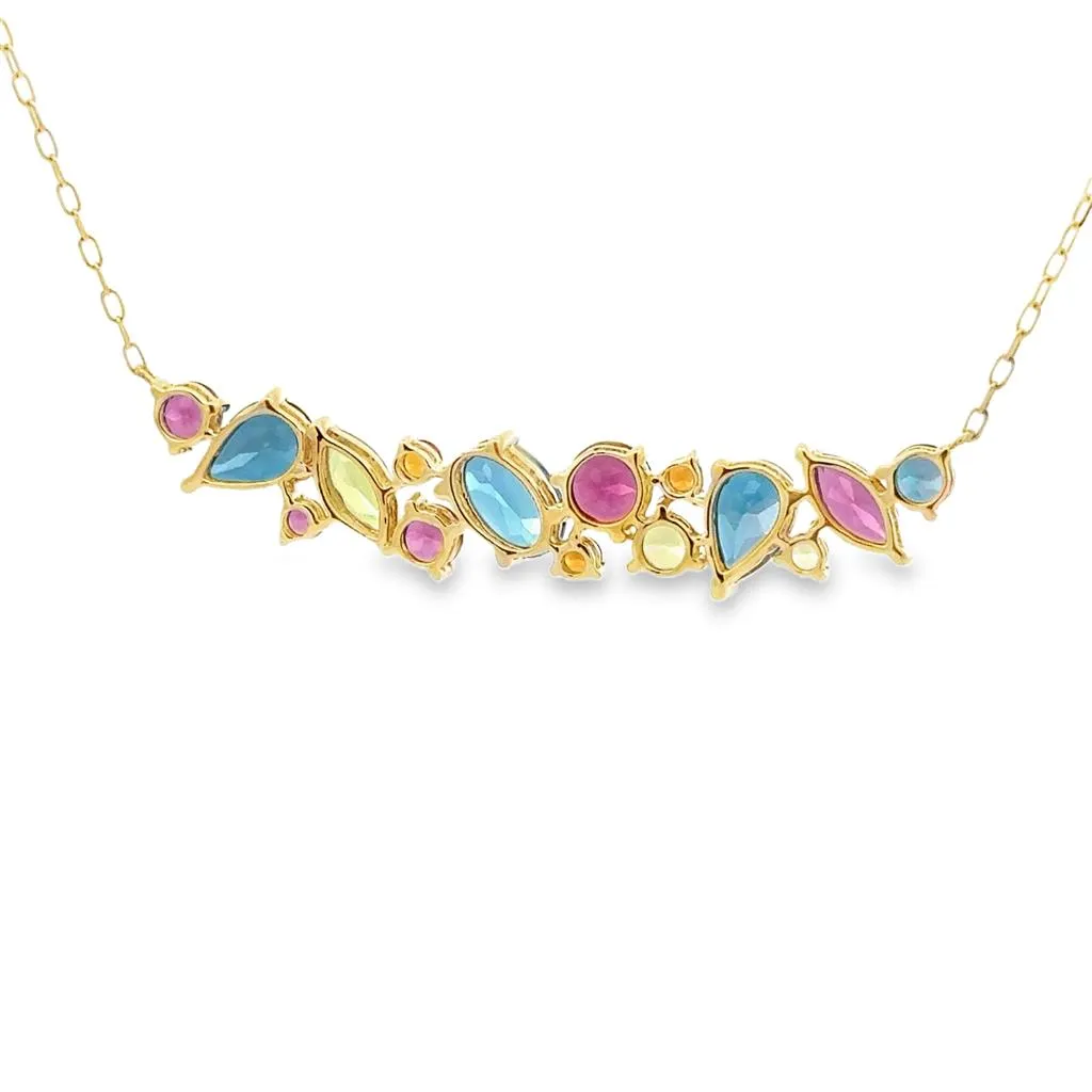 14K Yellow Gold Cluster Necklace | Peridot, Blue Topaz, Rhodolite Garnet, Citrine, Diamond Cable Link Chain