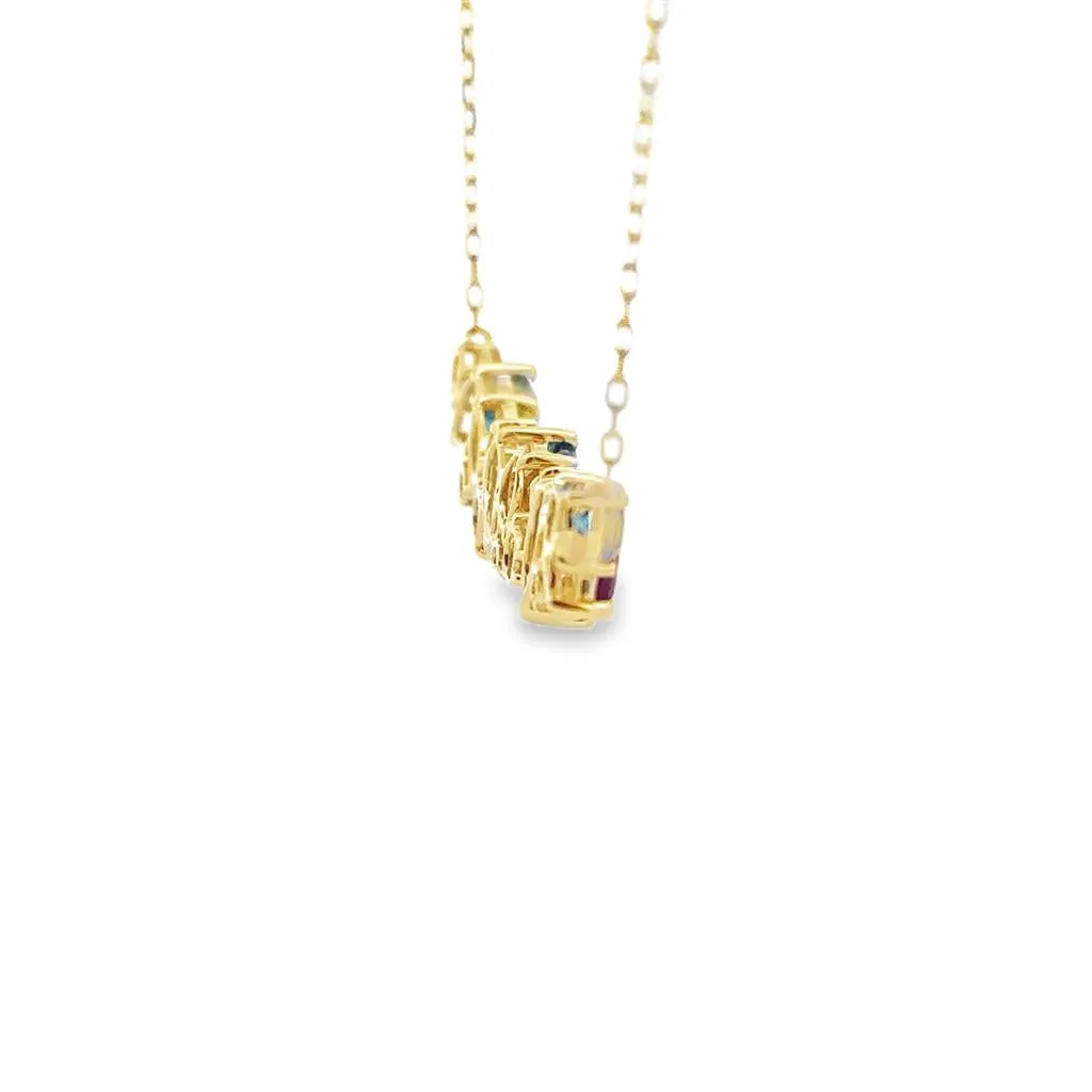14K Yellow Gold Cluster Necklace | Peridot, Blue Topaz, Rhodolite Garnet, Citrine, Diamond Cable Link Chain
