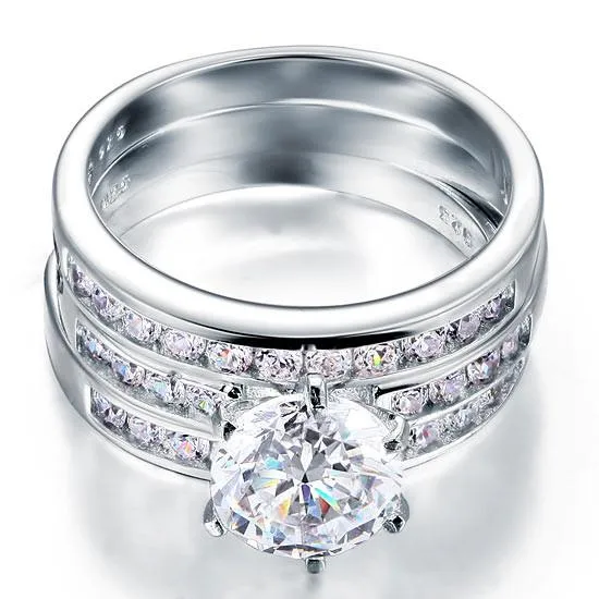 2 Ct Simulated Diamond 925 Sterling Silver Wedding Engagement Ring Set 3-Pcs