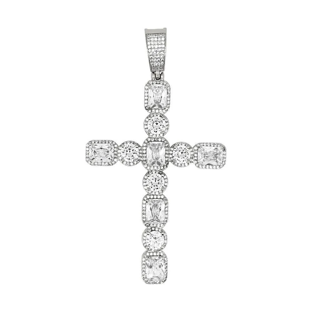 .925 Silver Emerald and Round Cut CZ Cross