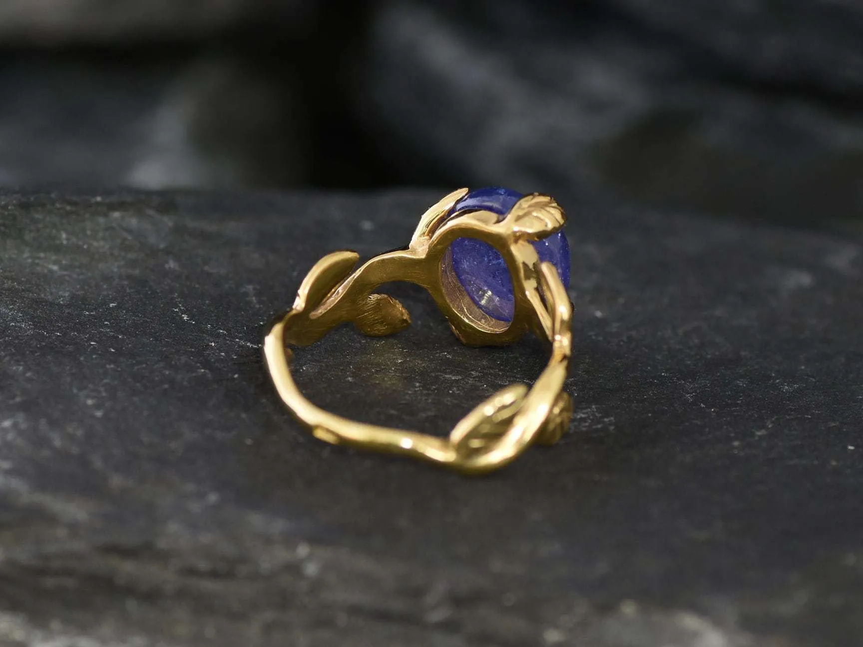 Blue Solitaire Ring - Natural Tanzanite Ring, Gold Leaf Ring