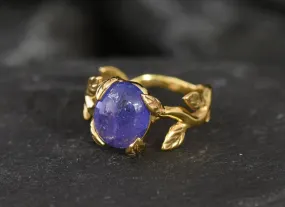 Blue Solitaire Ring - Natural Tanzanite Ring, Gold Leaf Ring