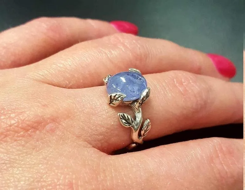 Blue Solitaire Ring - Natural Tanzanite Ring, Gold Leaf Ring
