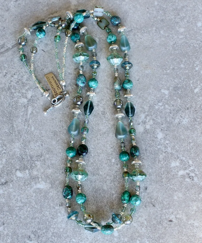 Czech Glass, Chrysocolla and Sleeping Beauty Jasper 2-Strand Necklace with Sterling Silver Beads & Toggle Clasp