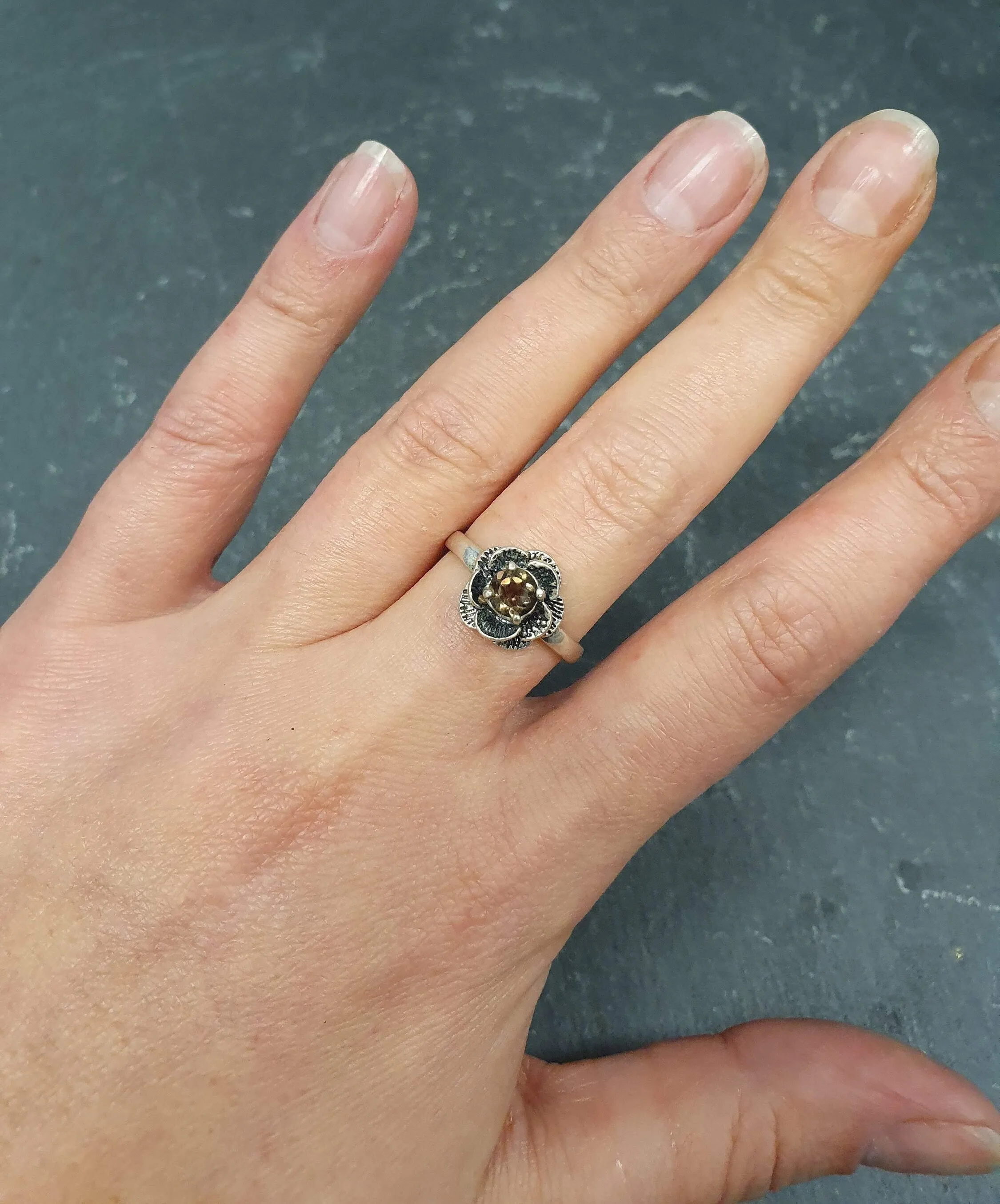 Genuine Quartz Ring - Flower Engagement Ring - Smoky Topaz Ring