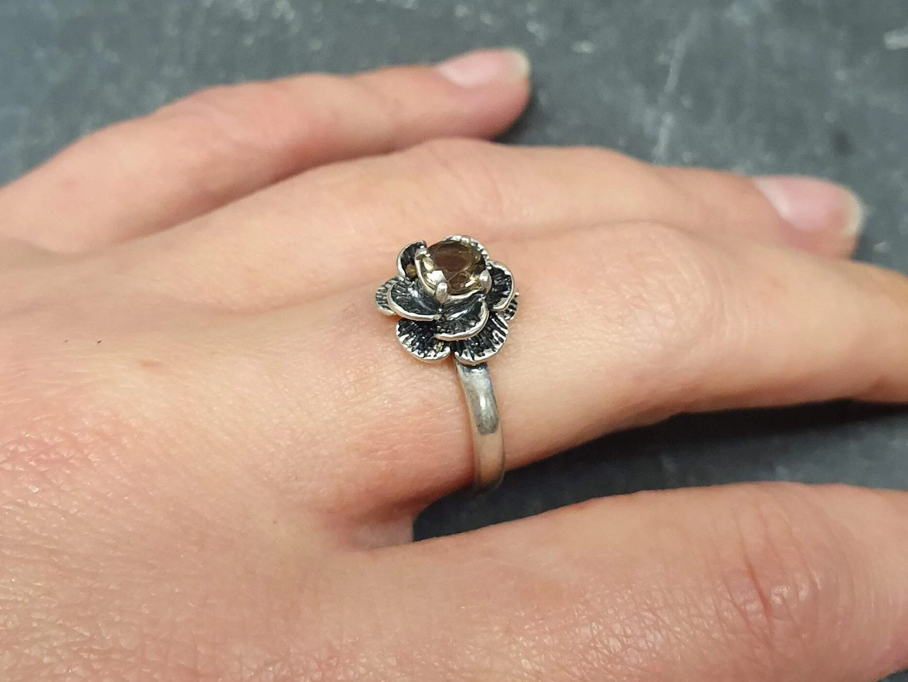 Genuine Quartz Ring - Flower Engagement Ring - Smoky Topaz Ring