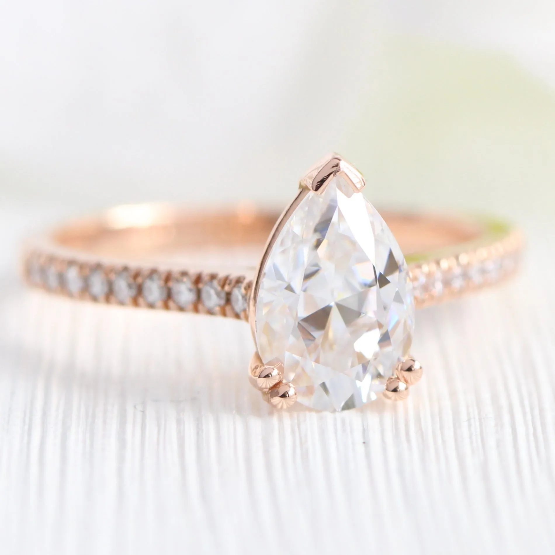 Grace Solitaire Pear Pave Ring Bridal Set w/ Moissanite and Crown Diamond Wedding Band