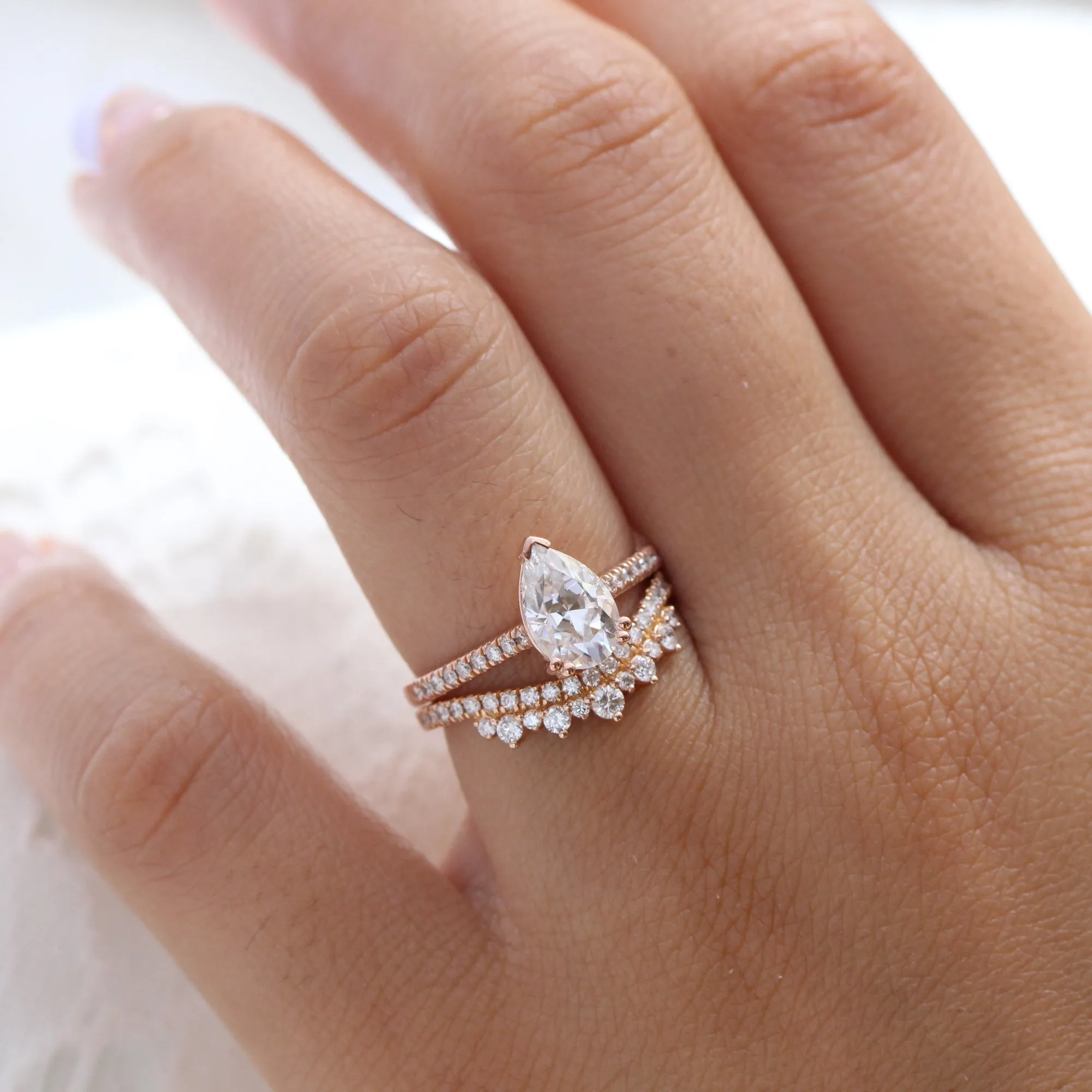 Grace Solitaire Pear Pave Ring Bridal Set w/ Moissanite and Crown Diamond Wedding Band