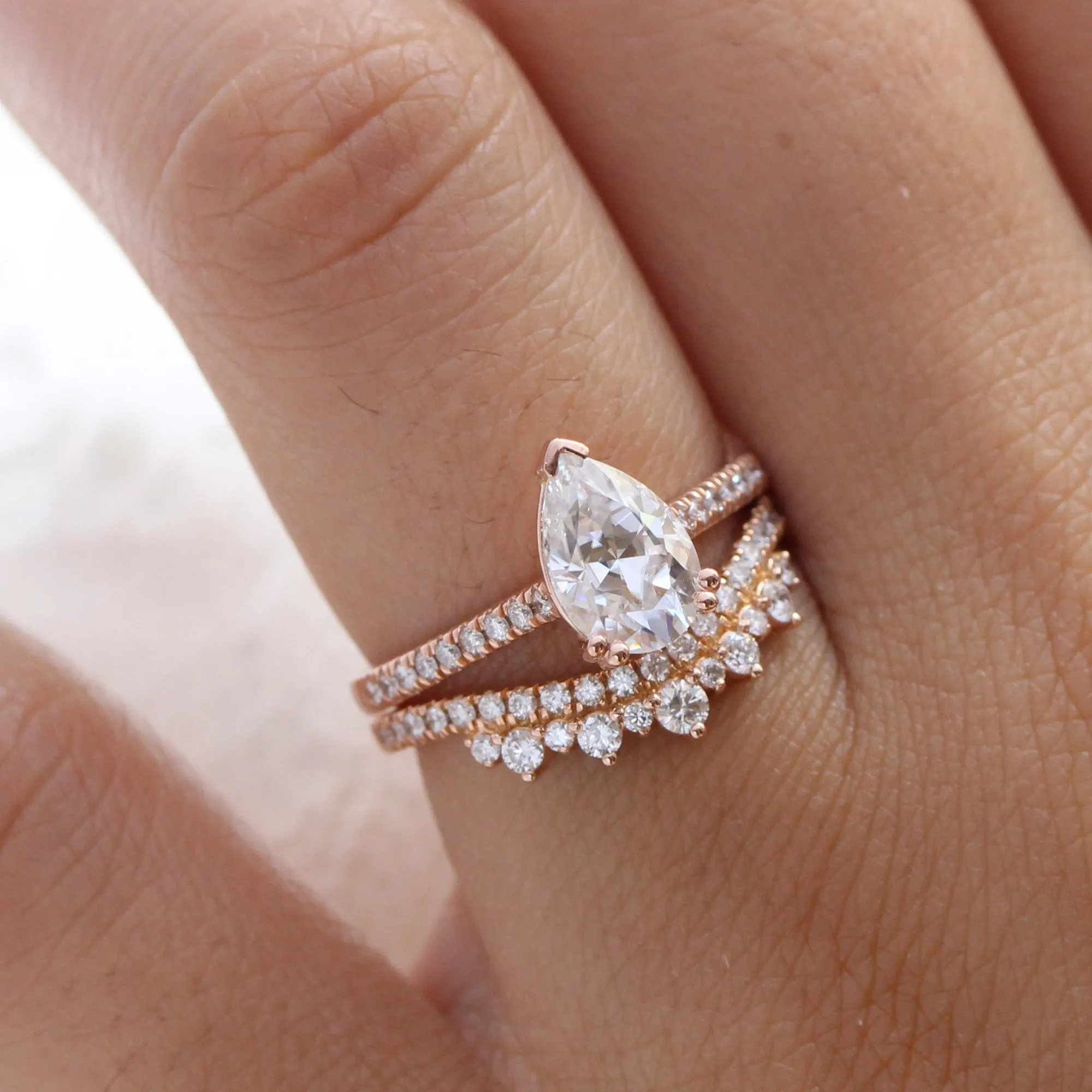 Grace Solitaire Pear Pave Ring Bridal Set w/ Moissanite and Crown Diamond Wedding Band