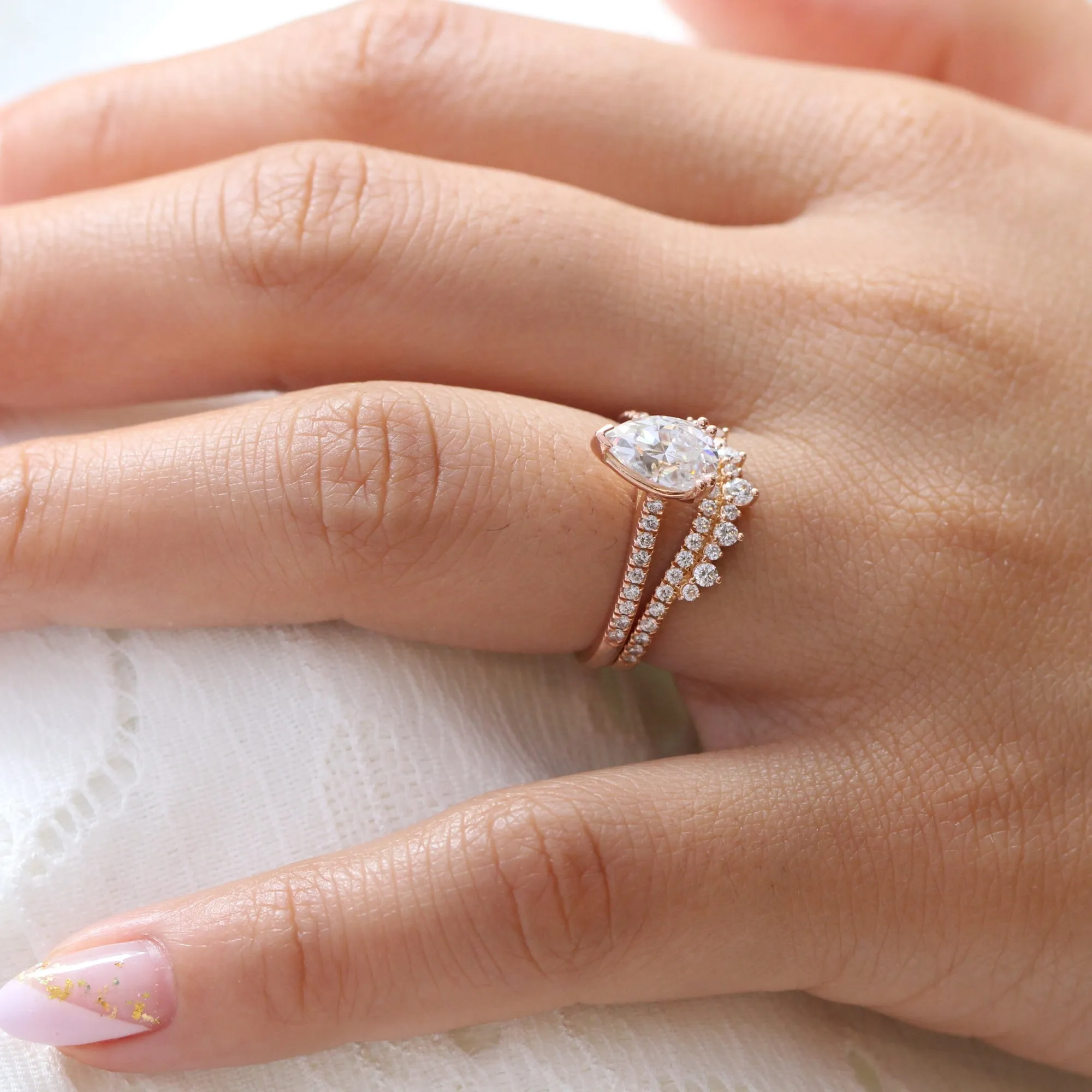 Grace Solitaire Pear Pave Ring Bridal Set w/ Moissanite and Crown Diamond Wedding Band