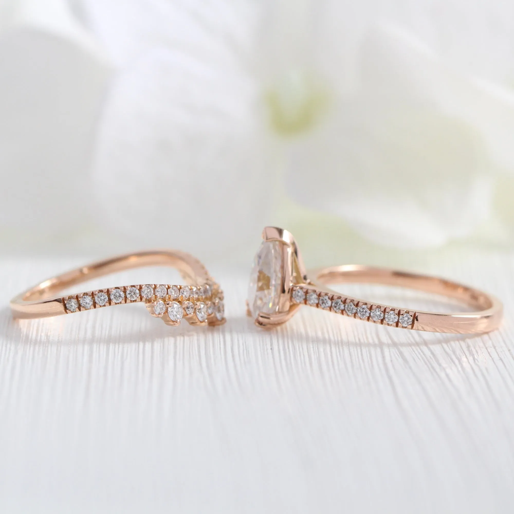 Grace Solitaire Pear Pave Ring Bridal Set w/ Moissanite and Crown Diamond Wedding Band