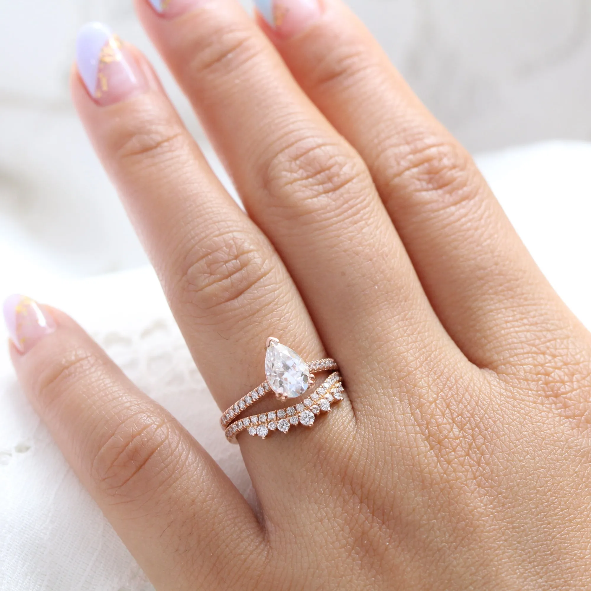 Grace Solitaire Pear Pave Ring Bridal Set w/ Moissanite and Crown Diamond Wedding Band