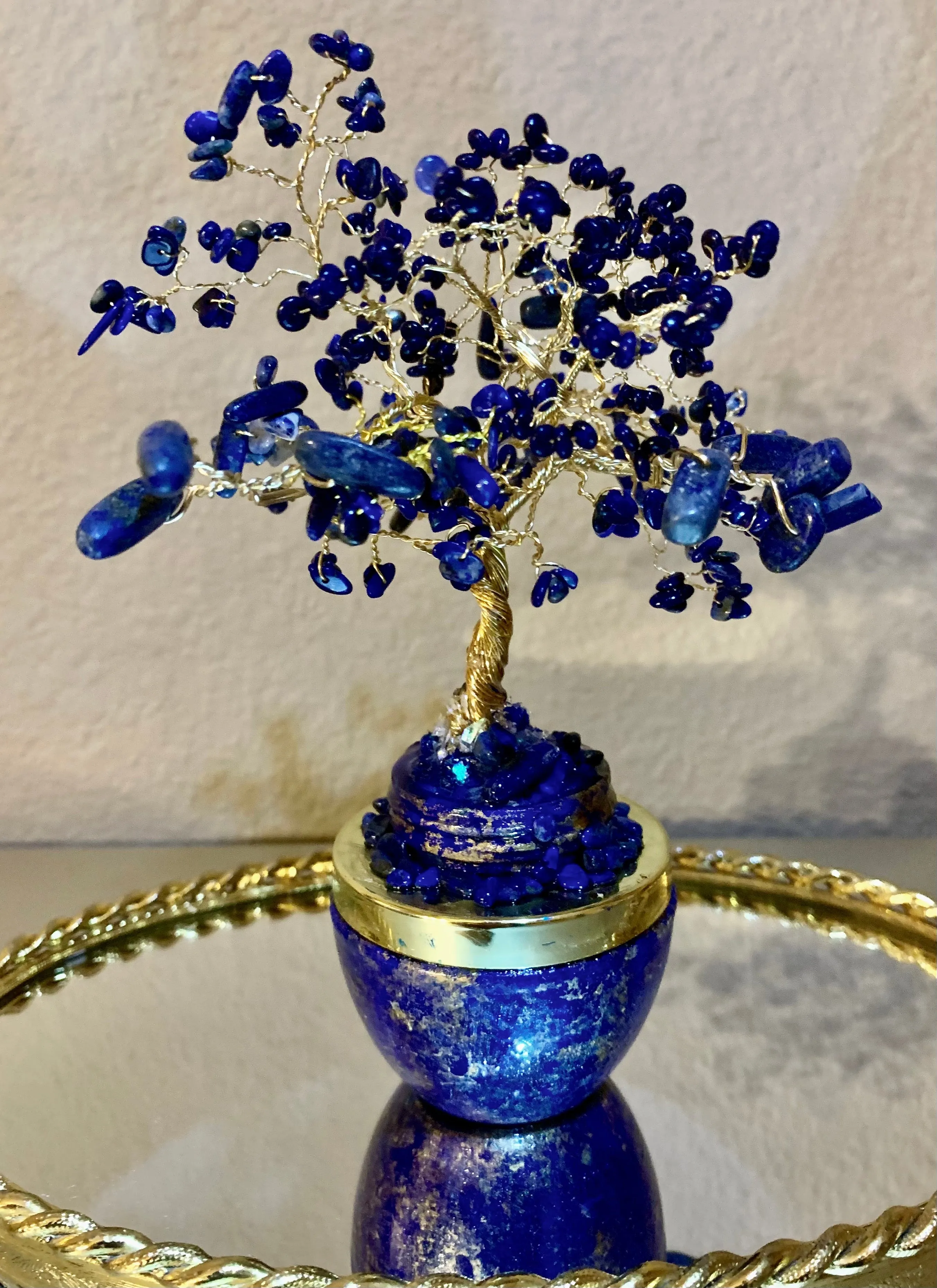 Handmade Lapis Lazuli and Sodalite 8" Gemstone Tree Sculpture in a Painted Glass Pot by Sharmaine Rayner