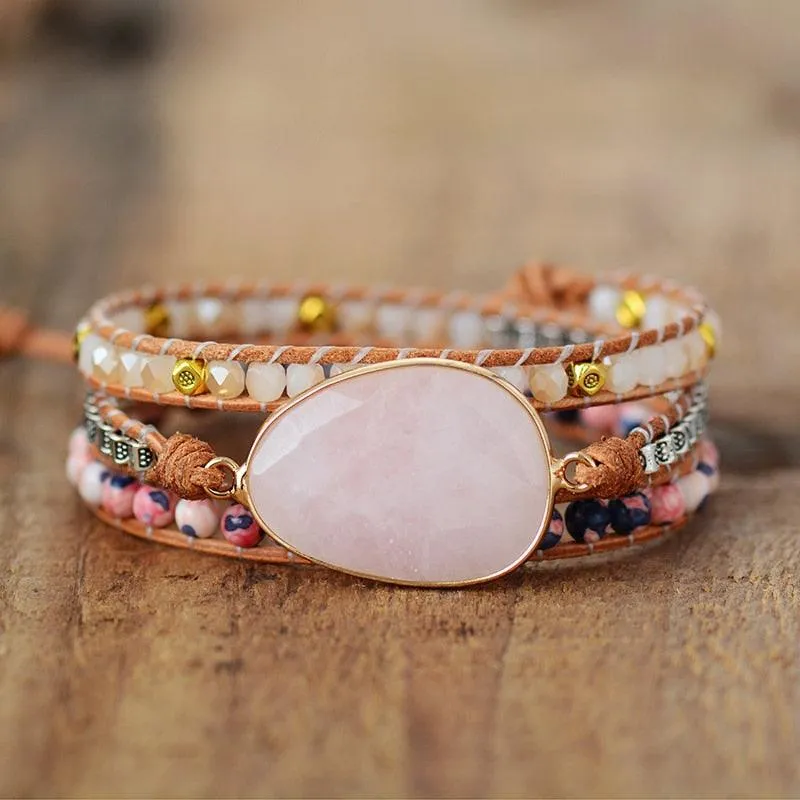 Jasper & Rose Quartz Charm Wrap Bracelet