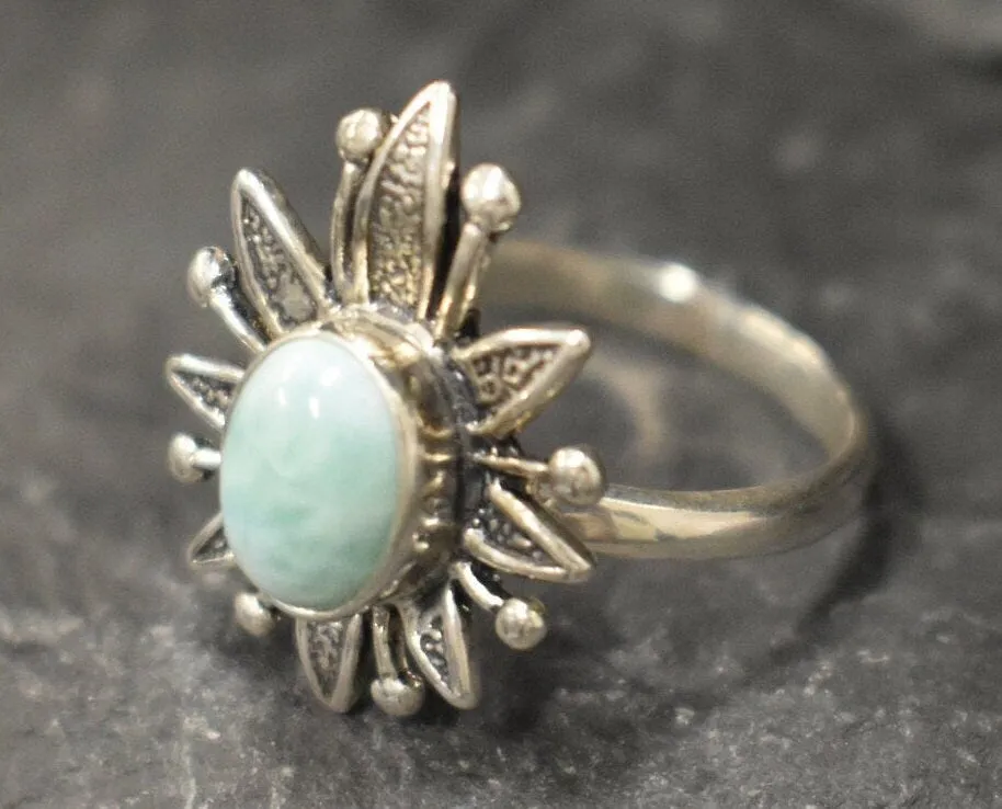 Larimar Ring - Blue Flower Ring - Sun Statement Ring