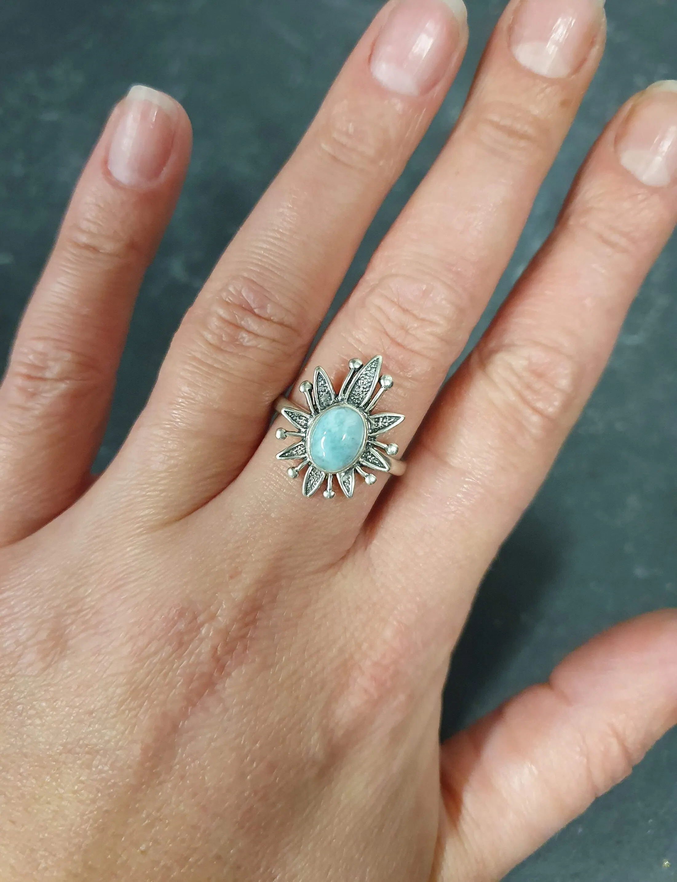 Larimar Ring - Blue Flower Ring - Sun Statement Ring