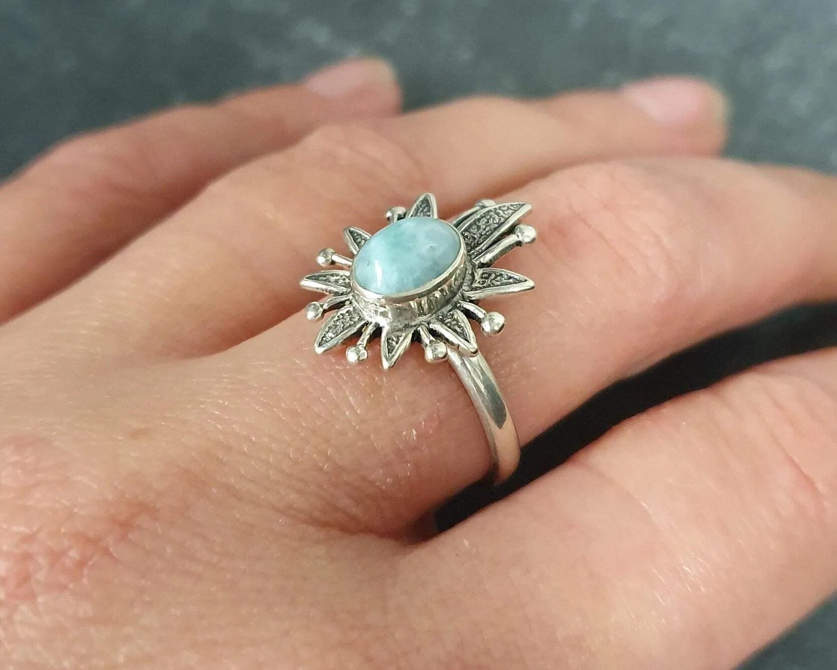 Larimar Ring - Blue Flower Ring - Sun Statement Ring