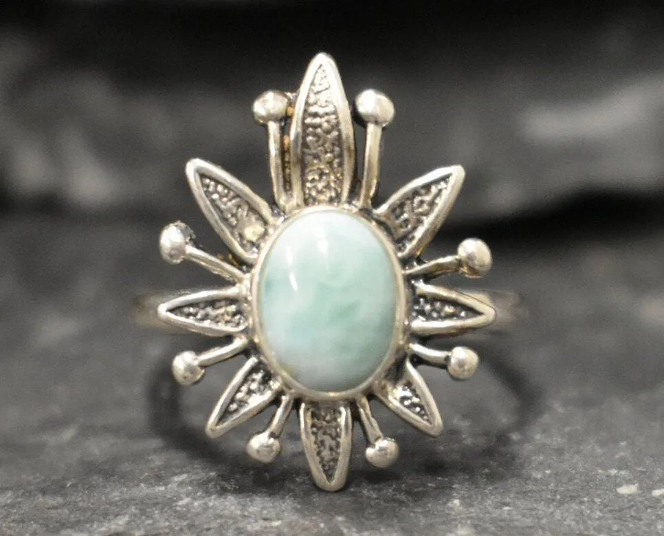 Larimar Ring - Blue Flower Ring - Sun Statement Ring