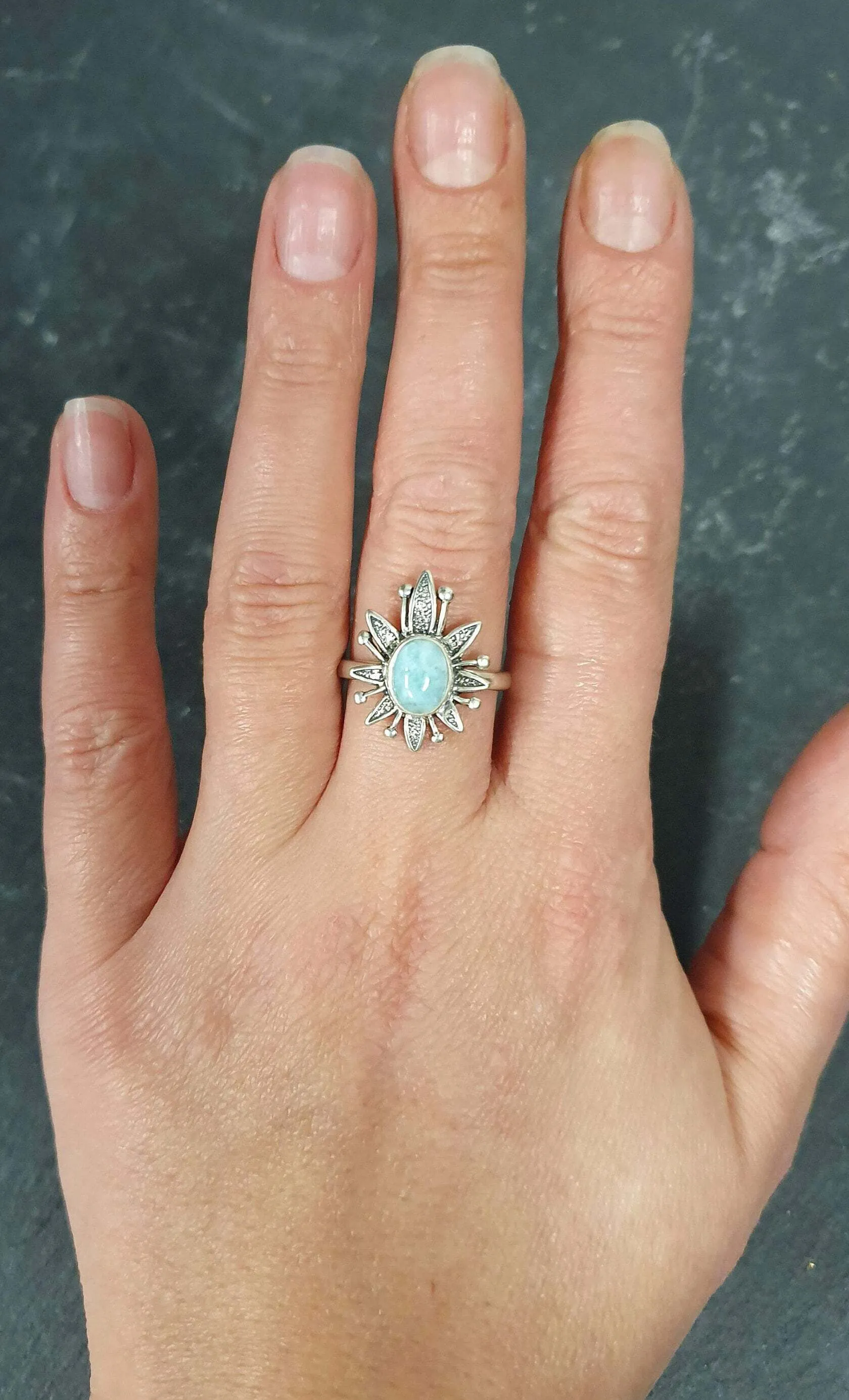 Larimar Ring - Blue Flower Ring - Sun Statement Ring