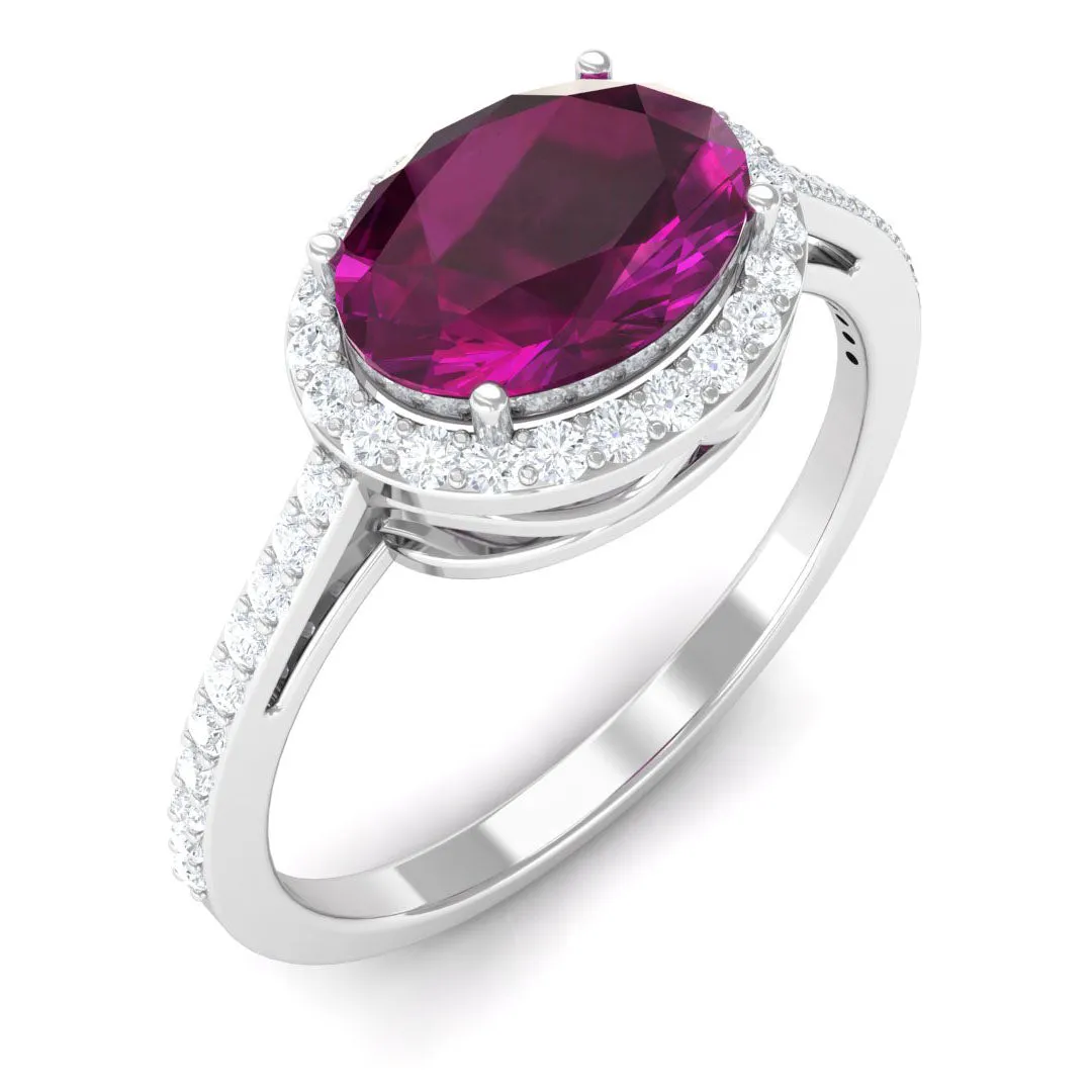 Oval Cut Natural Rhodolite East West Ring with Diamond Halo