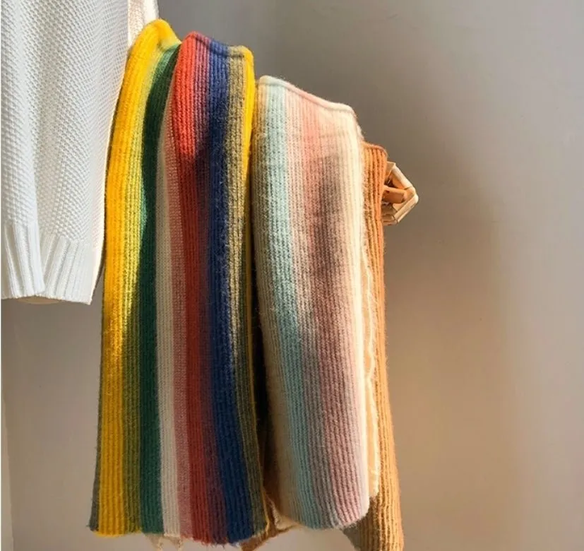 Rainbow Striped Scarf - Warm Knitted Acrylic Shawl, 180cm x 35cm, All-Match Stylish Accessory