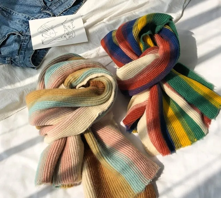 Rainbow Striped Scarf - Warm Knitted Acrylic Shawl, 180cm x 35cm, All-Match Stylish Accessory