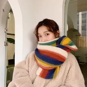 Rainbow Striped Scarf - Warm Knitted Acrylic Shawl, 180cm x 35cm, All-Match Stylish Accessory