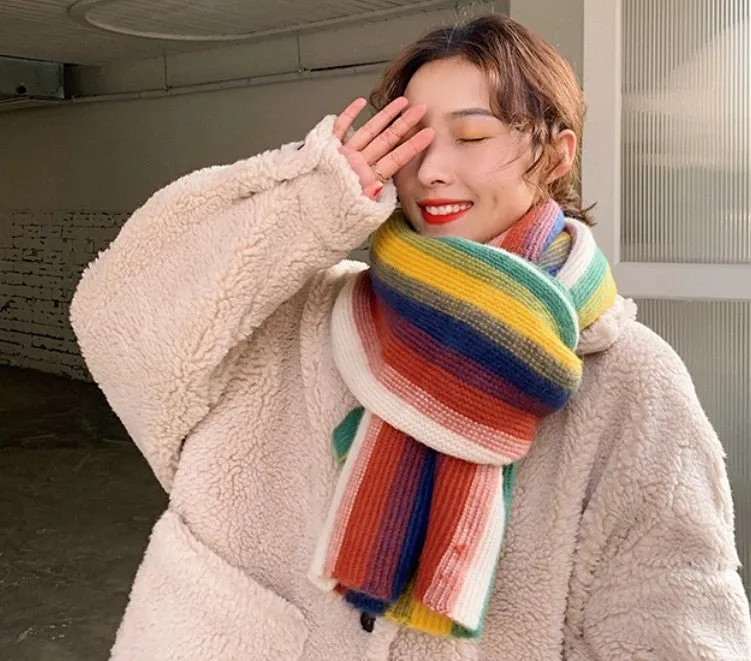 Rainbow Striped Scarf - Warm Knitted Acrylic Shawl, 180cm x 35cm, All-Match Stylish Accessory
