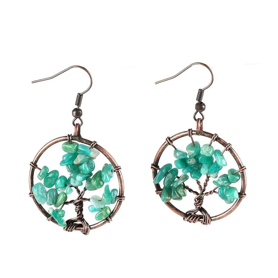 Round Tree of Life Drop Dangle Earrings