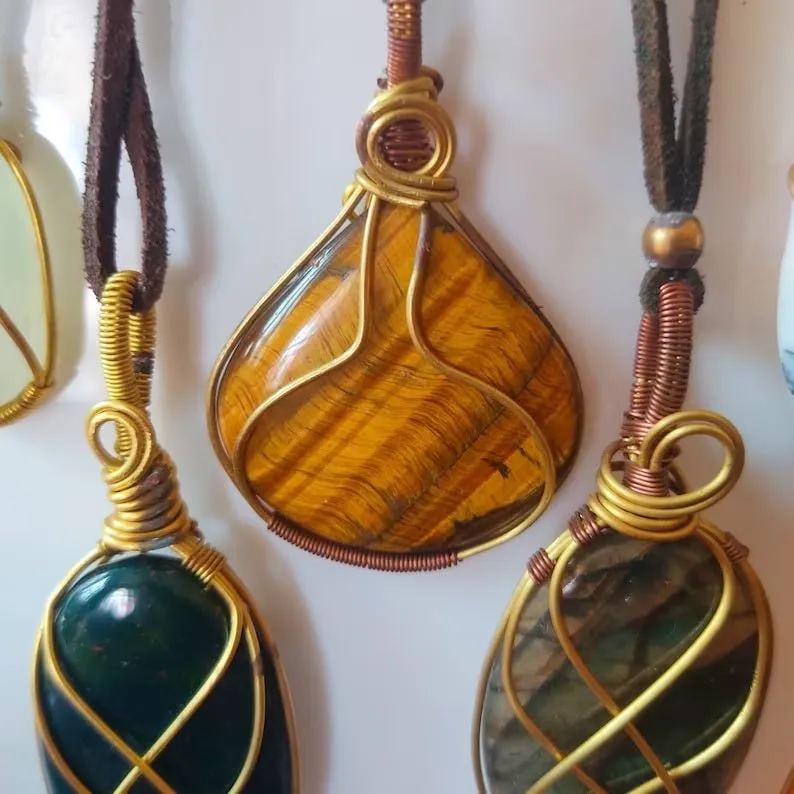 Shanti Shop - Handmade Wire Wrapped Crystal Gemstone Pendant Necklaces with Leather