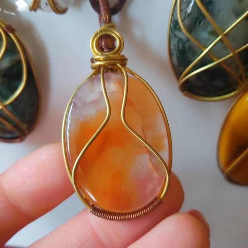 Shanti Shop - Handmade Wire Wrapped Crystal Gemstone Pendant Necklaces with Leather