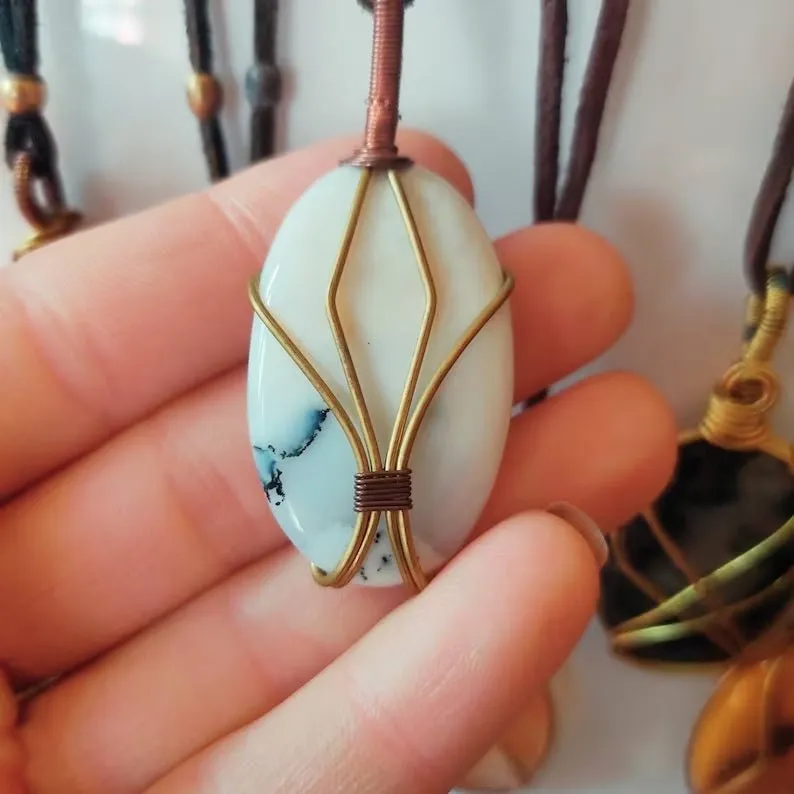 Shanti Shop - Handmade Wire Wrapped Crystal Gemstone Pendant Necklaces with Leather
