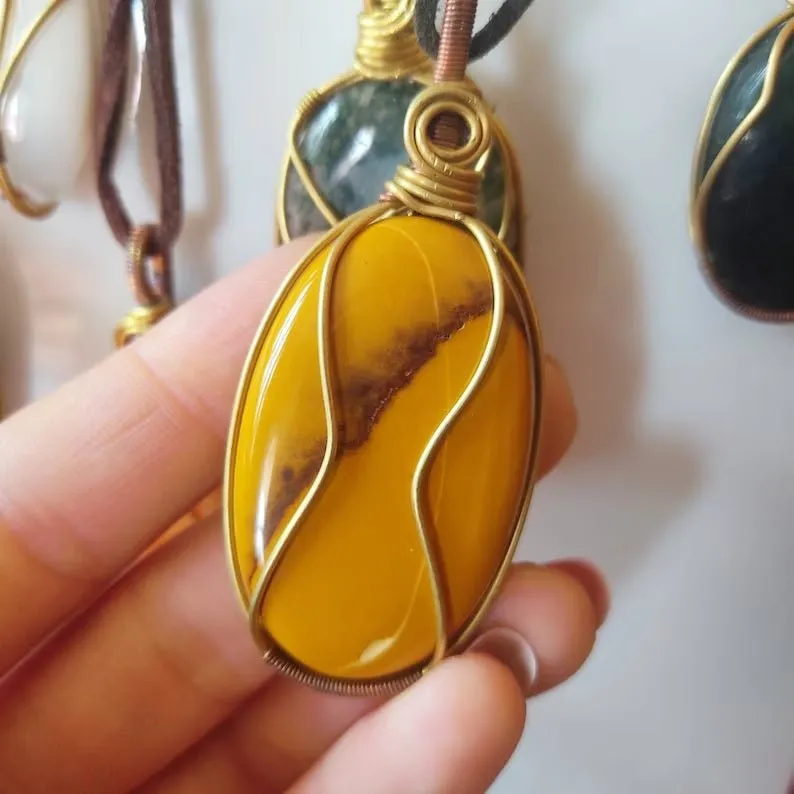 Shanti Shop - Handmade Wire Wrapped Crystal Gemstone Pendant Necklaces with Leather
