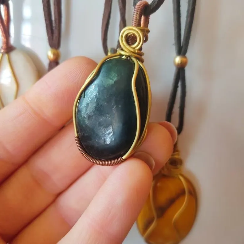 Shanti Shop - Handmade Wire Wrapped Crystal Gemstone Pendant Necklaces with Leather