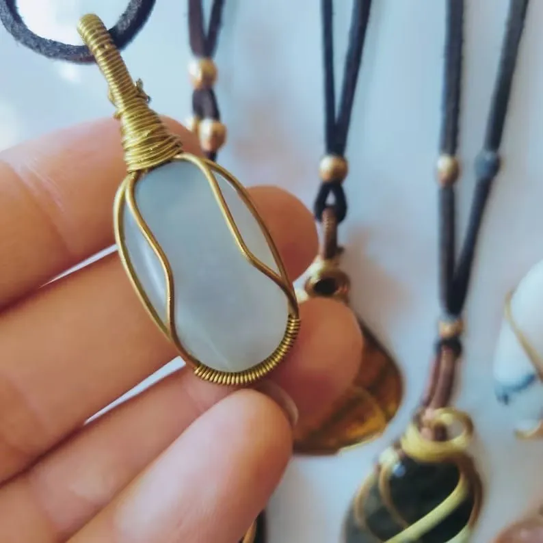 Shanti Shop - Handmade Wire Wrapped Crystal Gemstone Pendant Necklaces with Leather