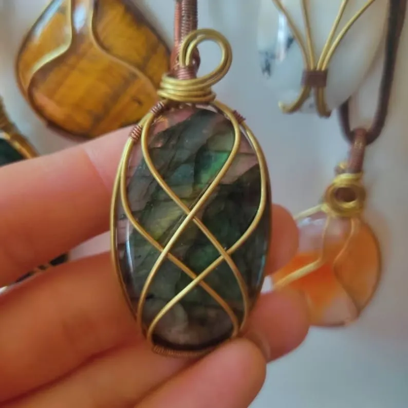 Shanti Shop - Handmade Wire Wrapped Crystal Gemstone Pendant Necklaces with Leather