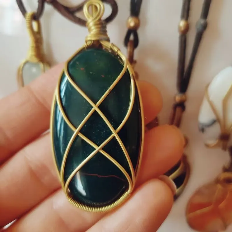 Shanti Shop - Handmade Wire Wrapped Crystal Gemstone Pendant Necklaces with Leather