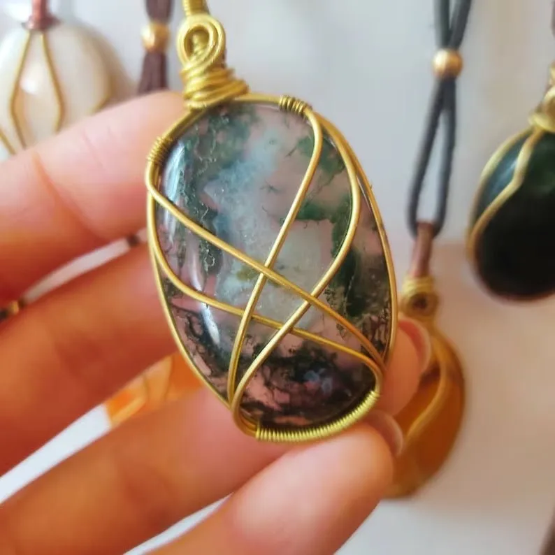 Shanti Shop - Handmade Wire Wrapped Crystal Gemstone Pendant Necklaces with Leather