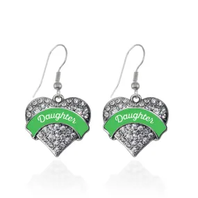 Silver Emerald Green Daughter Pave Heart Charm Dangle Earrings