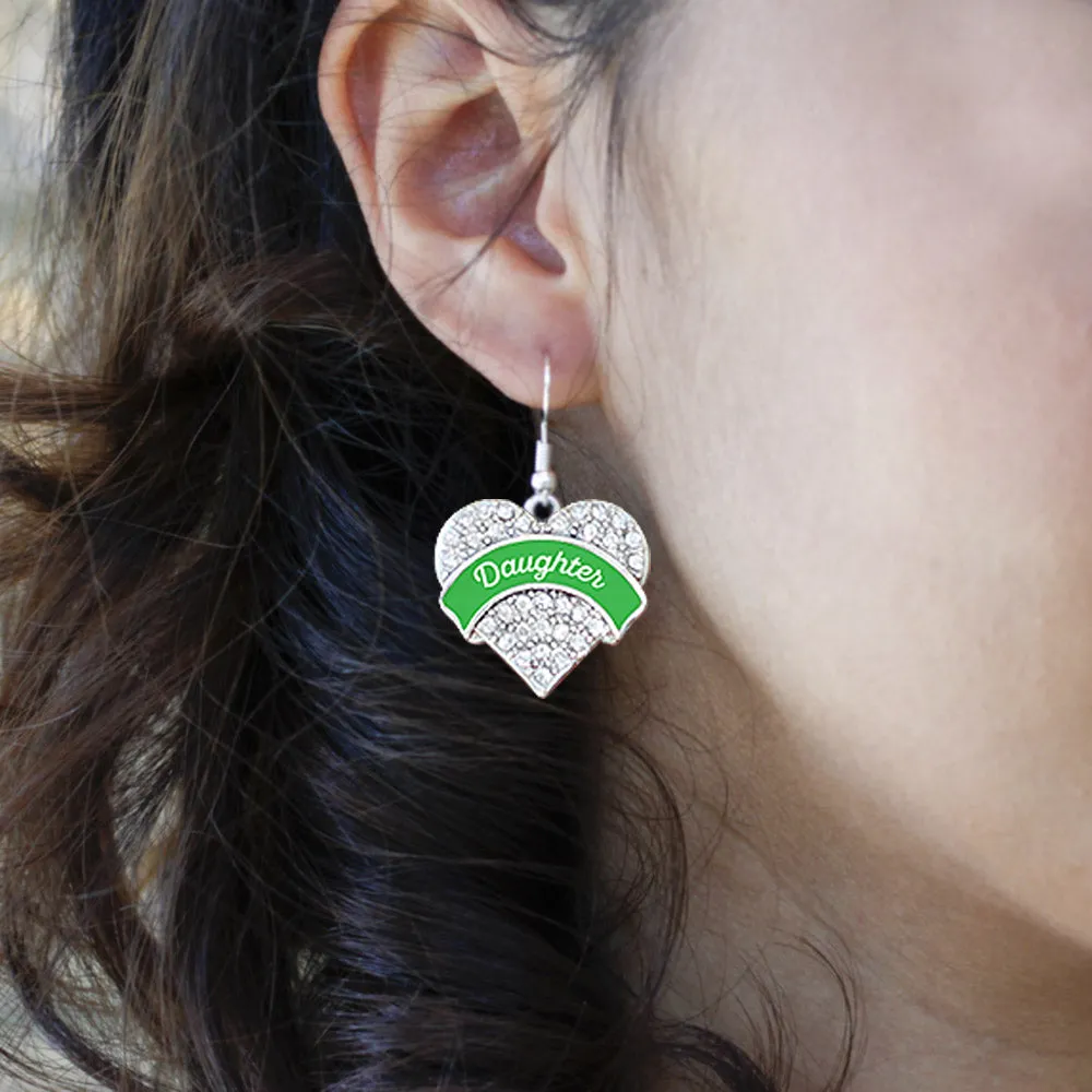 Silver Emerald Green Daughter Pave Heart Charm Dangle Earrings