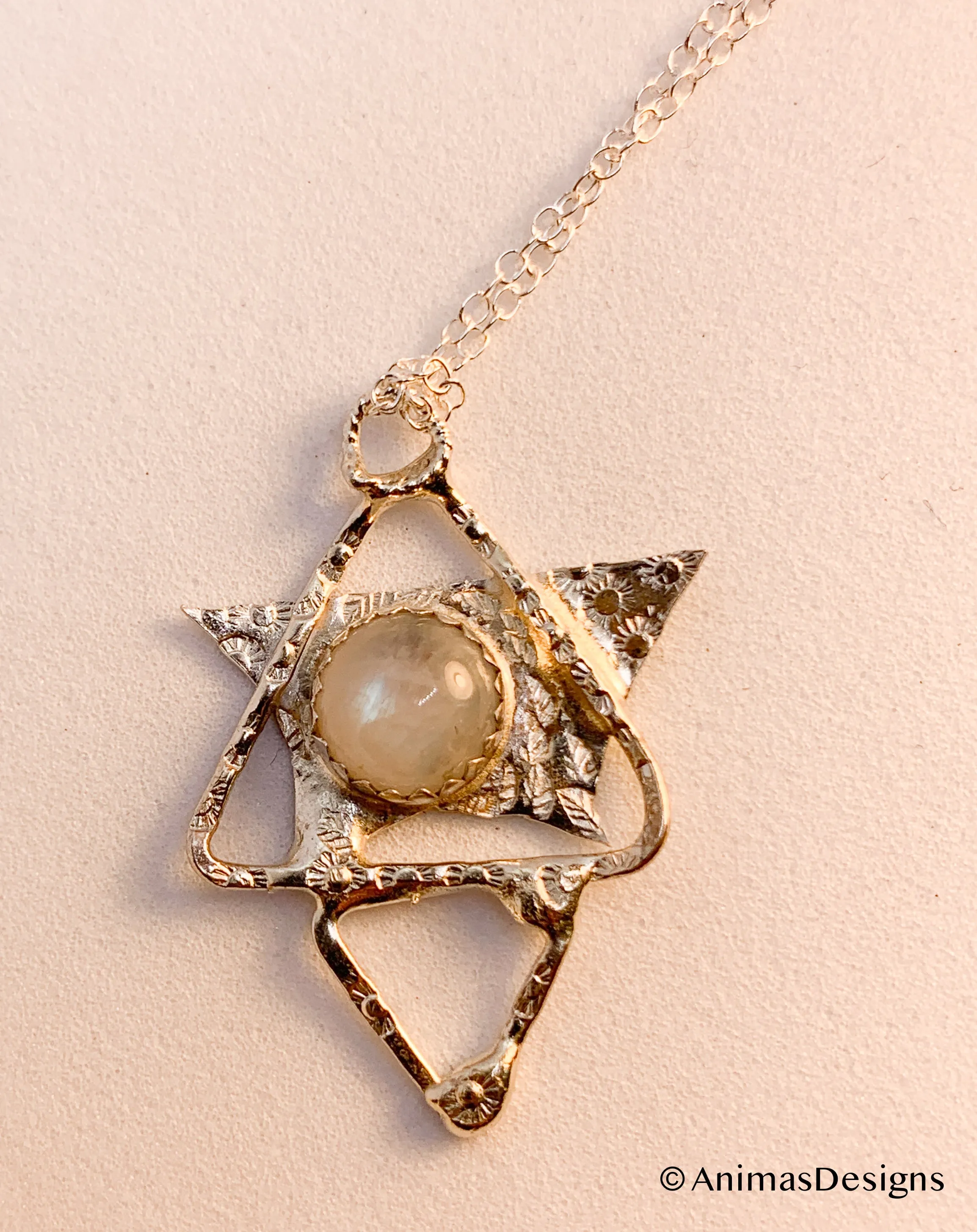 Sterling Silver Fused Star Pyramid Triangle Necklace with Moonstone.