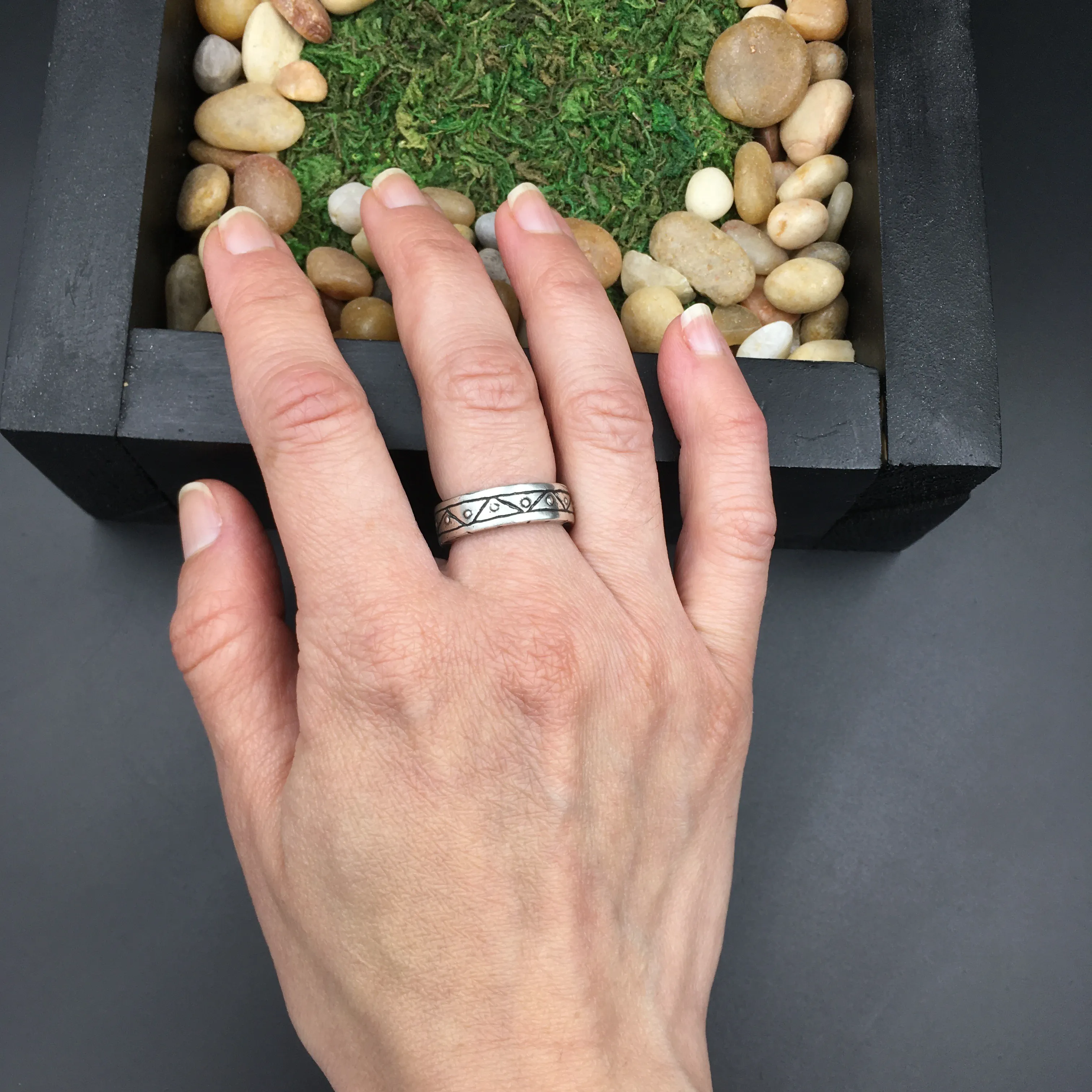 Sterling Silver Primitive Geometric Chunky Band — Hand Carved Ring Design in Certified Green Eco-Friendly 925 Sterling Silver