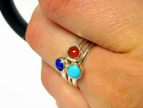 Sterling silver ring turquoise, lapis lazuli, carnelian • Silver stacking rings with stone • Gemstone stacking rings set