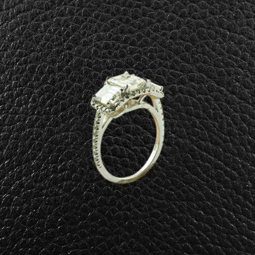 Triple Emerald cut Diamond Ring with Halo