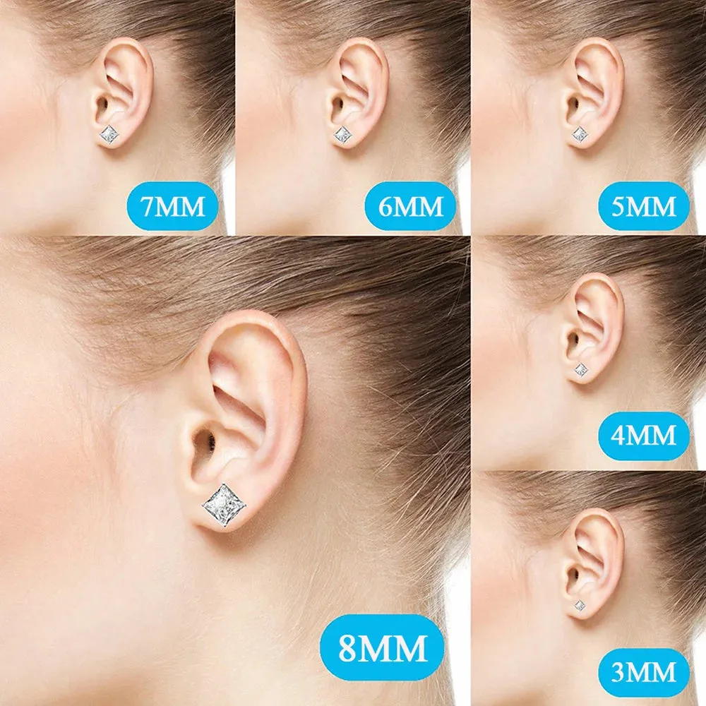 TTVOVO 925 Sterling Crystal Stud Earrings for Women Men Square Pricess Cut Cubic Zirconia CZ Stone 4 Claws Earrings S925 Jewelry