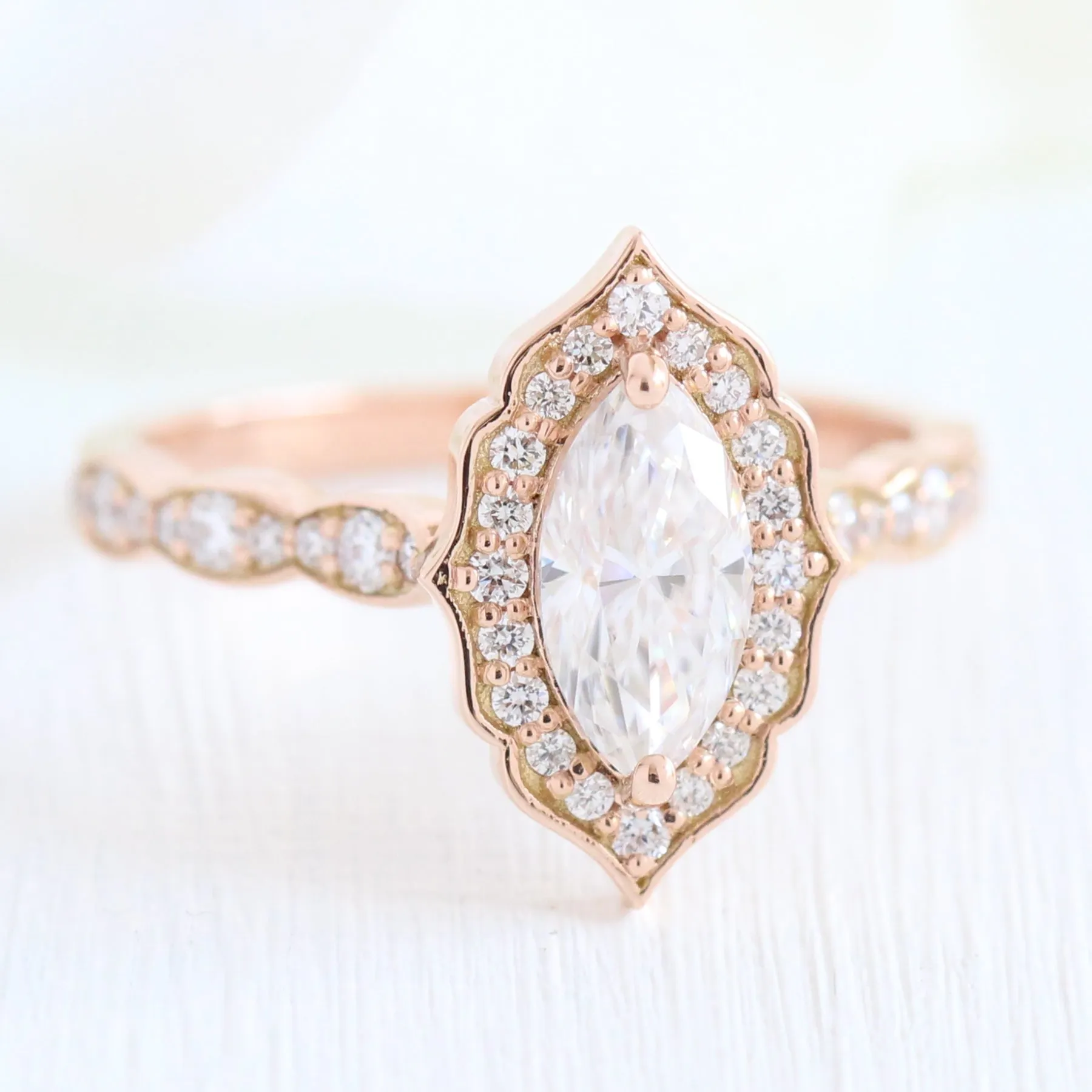 Vintage Floral Marquise Ring Set w/ Moissanite and Matching Diamond Band