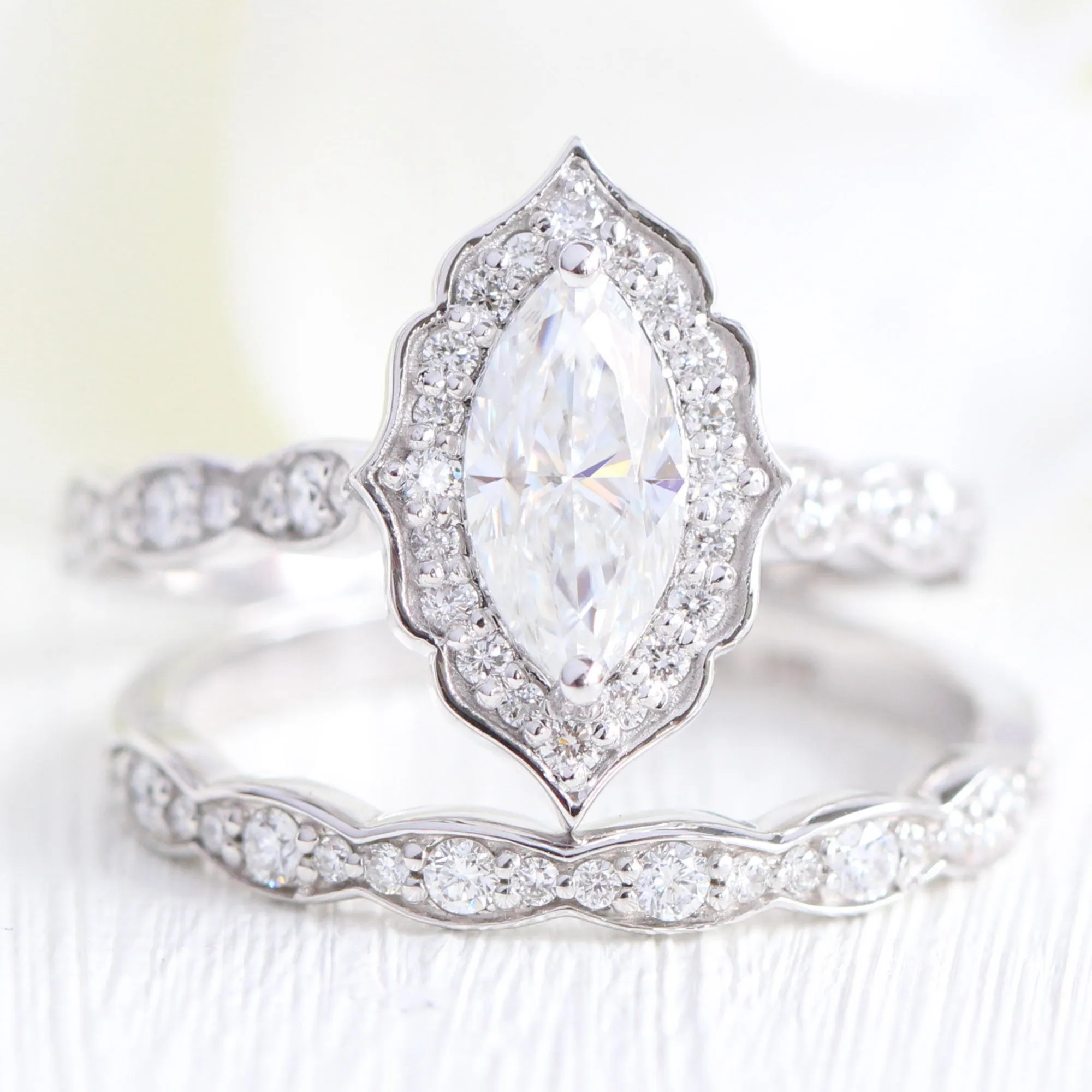Vintage Floral Marquise Ring Set w/ Moissanite and Matching Diamond Band