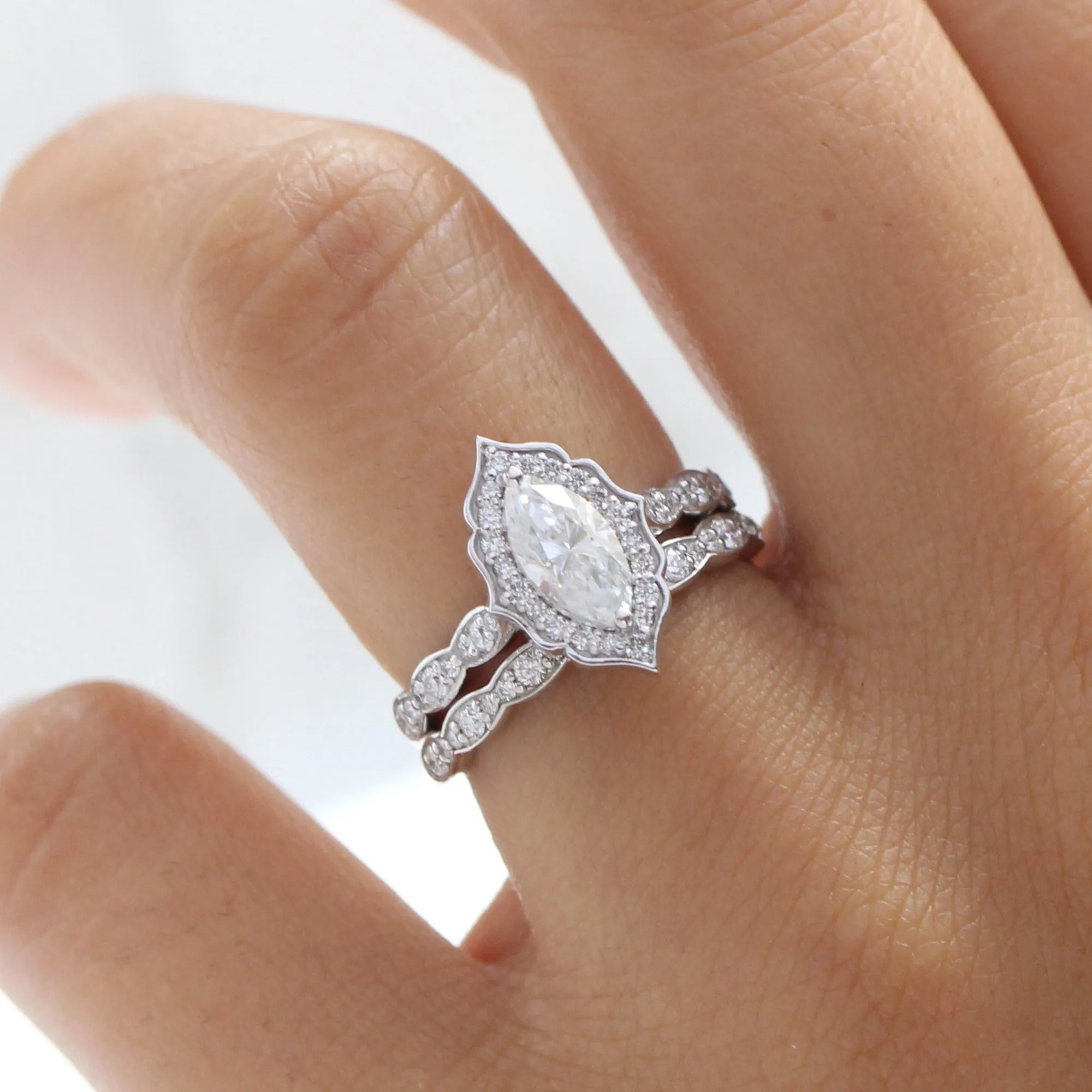 Vintage Floral Marquise Ring Set w/ Moissanite and Matching Diamond Band